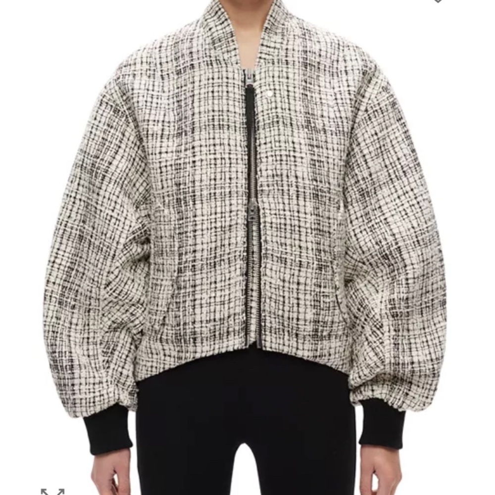 Chic Black and White Tweed Winter Bomber Jacket